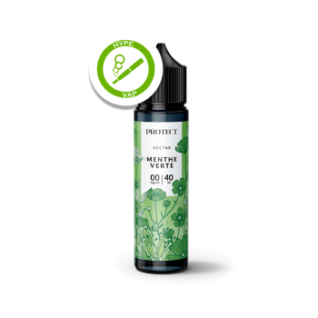 Flacon de 40 ml d’e-liquide Nectar Menthe Verte de Protect, sans nicotine, avec espace pour boosters.