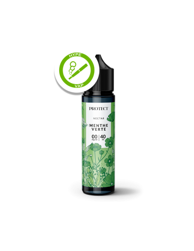 Flacon de 40 ml d’e-liquide Nectar Menthe Verte de Protect, sans nicotine, avec espace pour boosters.